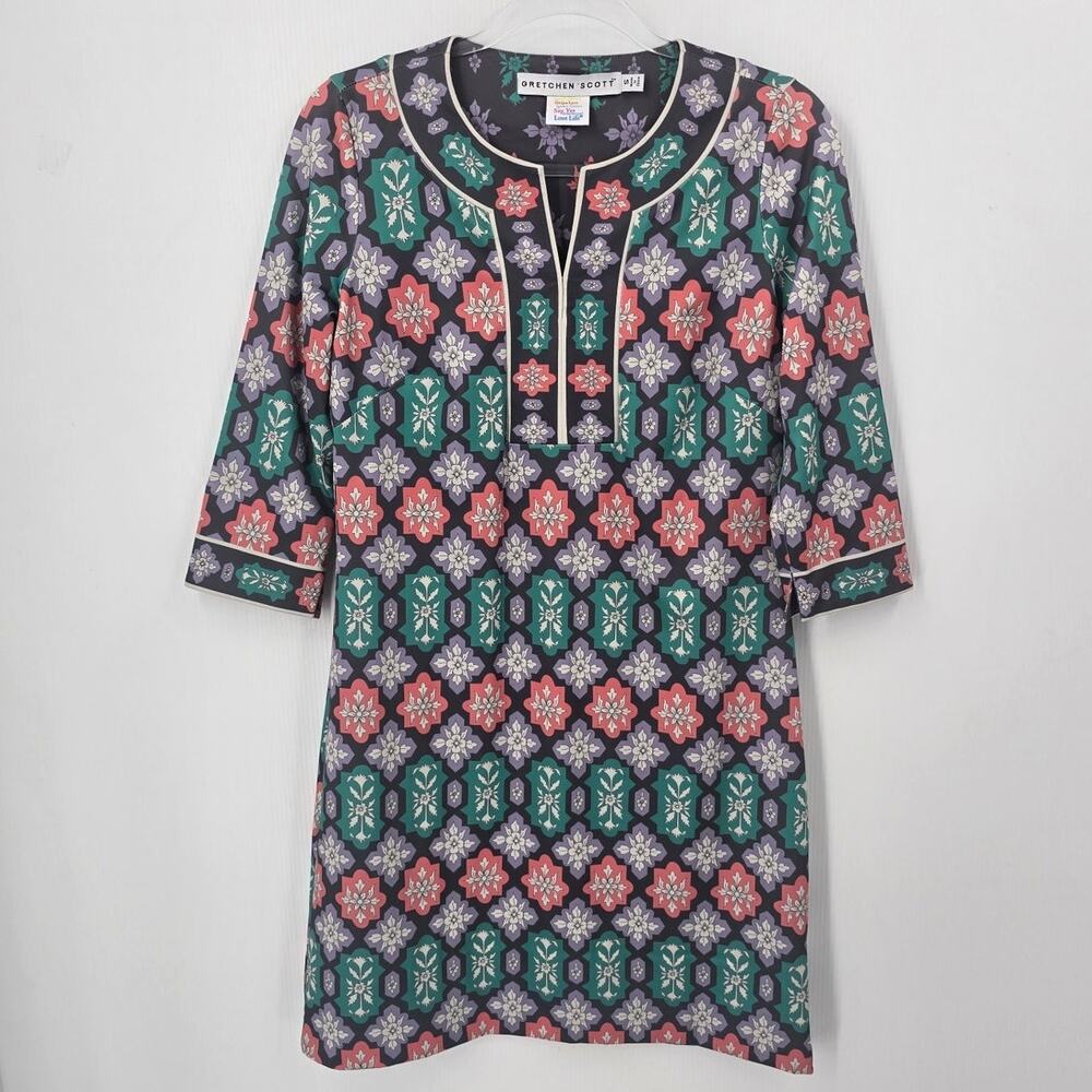 Gretchen Scott Split Neck Tunic Dress Geometric Floral 3/4 Sleeve Size Small